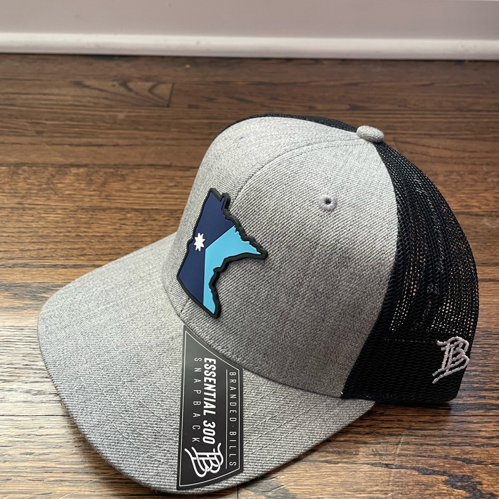 Brand New Branded Bill Minesot Gray and Black Snapback Hat with Blue State Patch